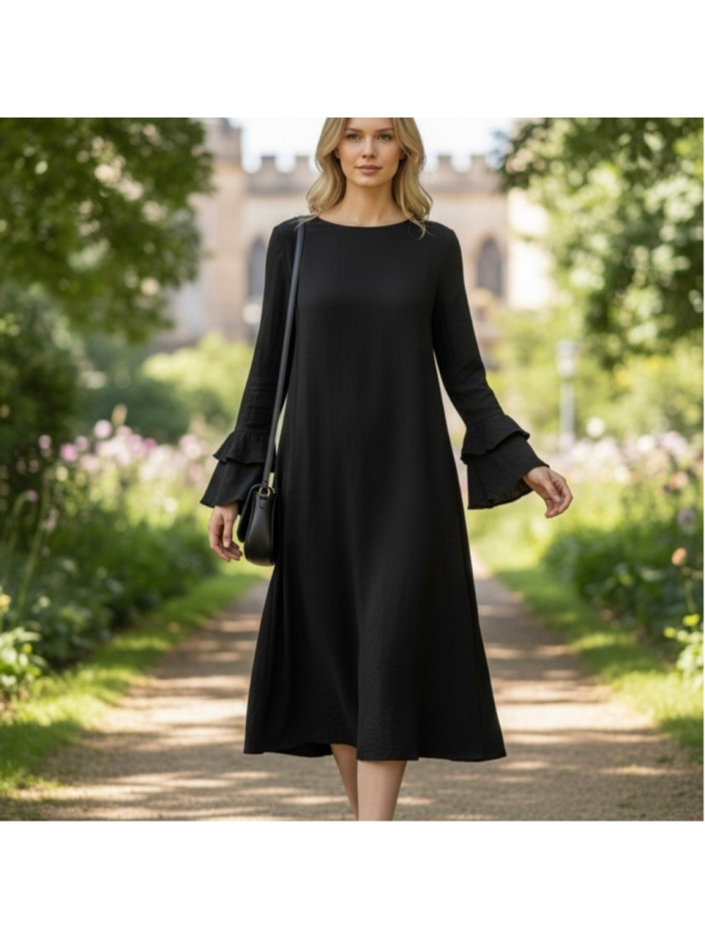 2 Hearts Chic Black Bell Sleeves Dress Ruffle Goth Evening Formal Size L